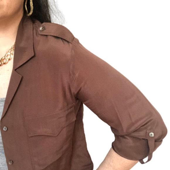 Vintage 100% Silk Button Up Safari Blouse Front Pockets Carole Little St Tropez - Picture 9 of 16